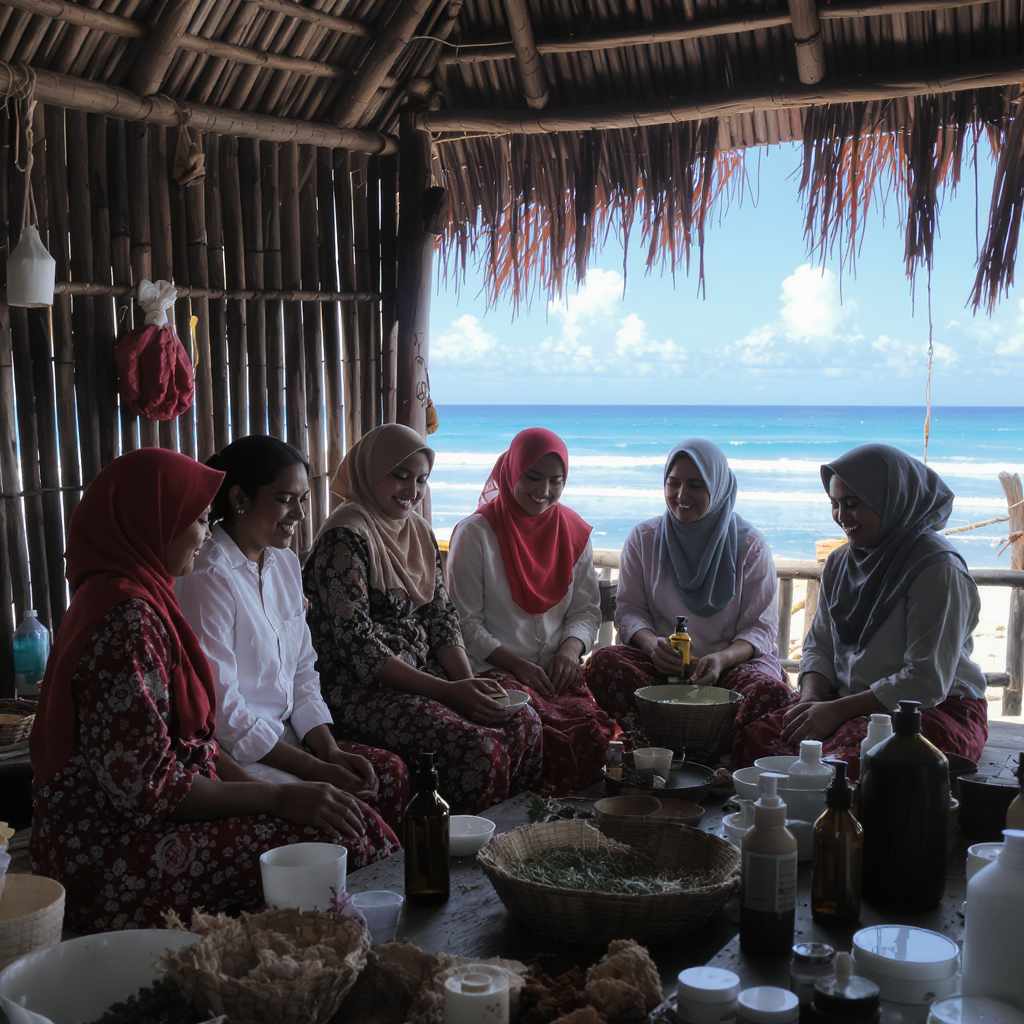 Group photo of women fisherman cooperative members working together in their natural beauty product workshop, showing traditional Indonesian coastal community spirit with ocean backdrop